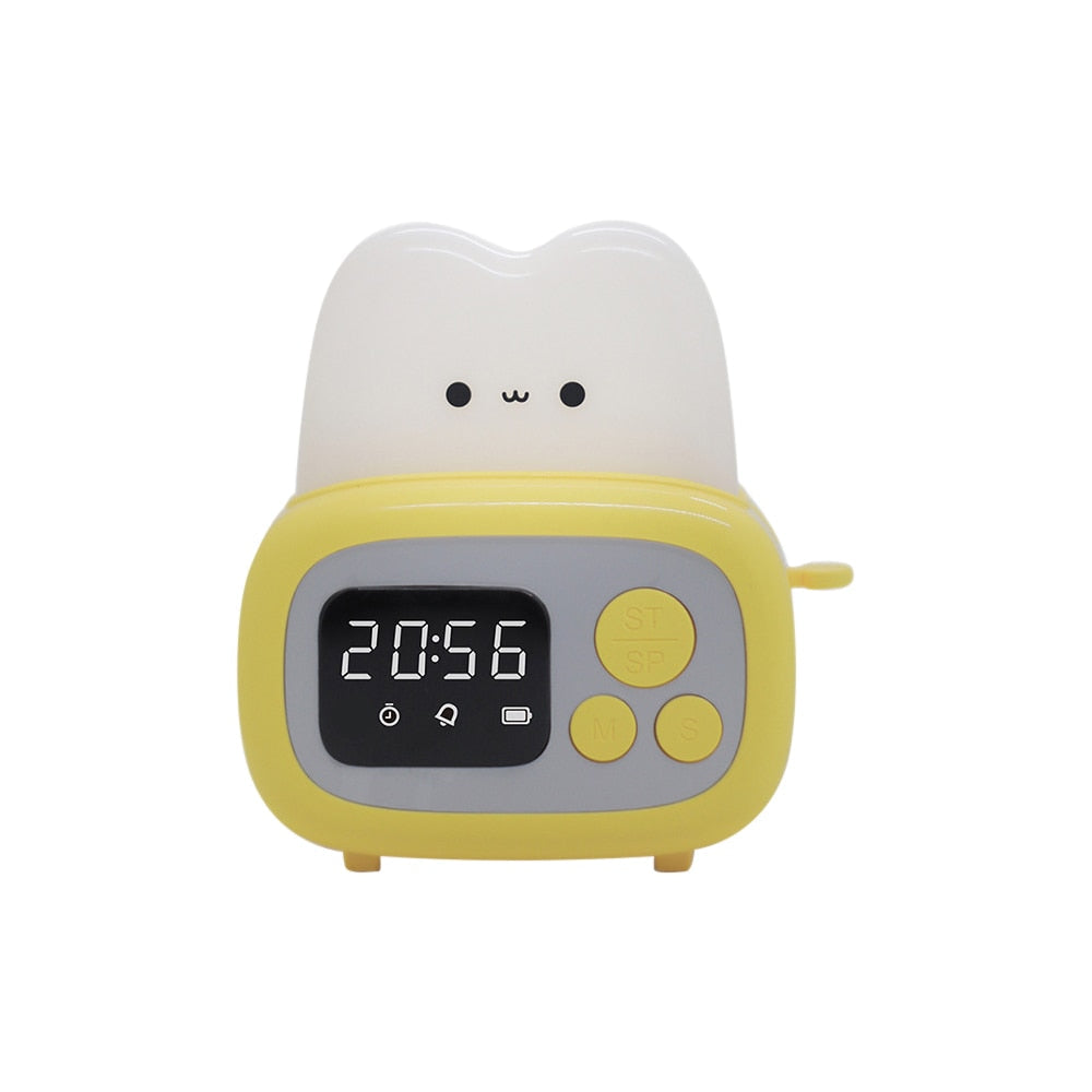Yellow toaster-shaped alarm clock night light with 20:56 time display and buttons