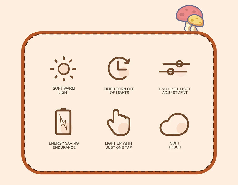 Mushroom night light instruction icons for soft warm light, touch control, and timer