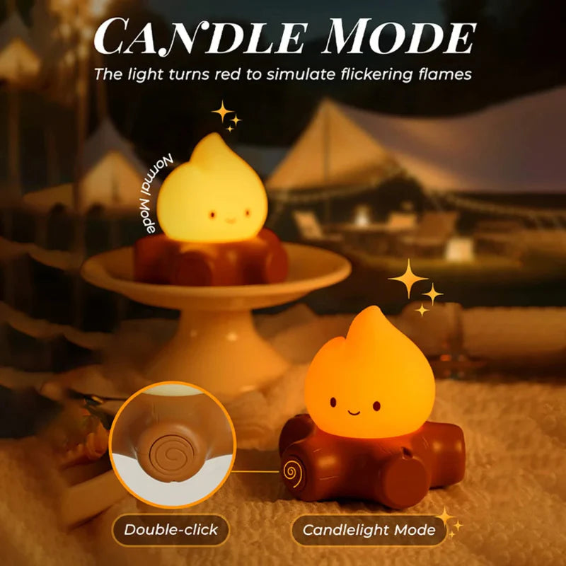 Two glowing campfire night lights with smiling flames on brown log bases