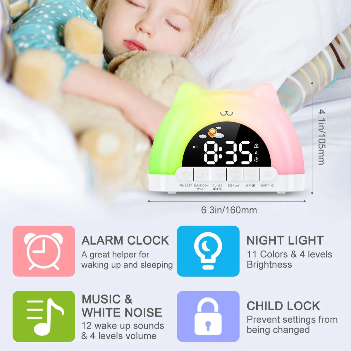 Cat-shaped alarm clock night light with glowing rainbow top and 8:35 time screen