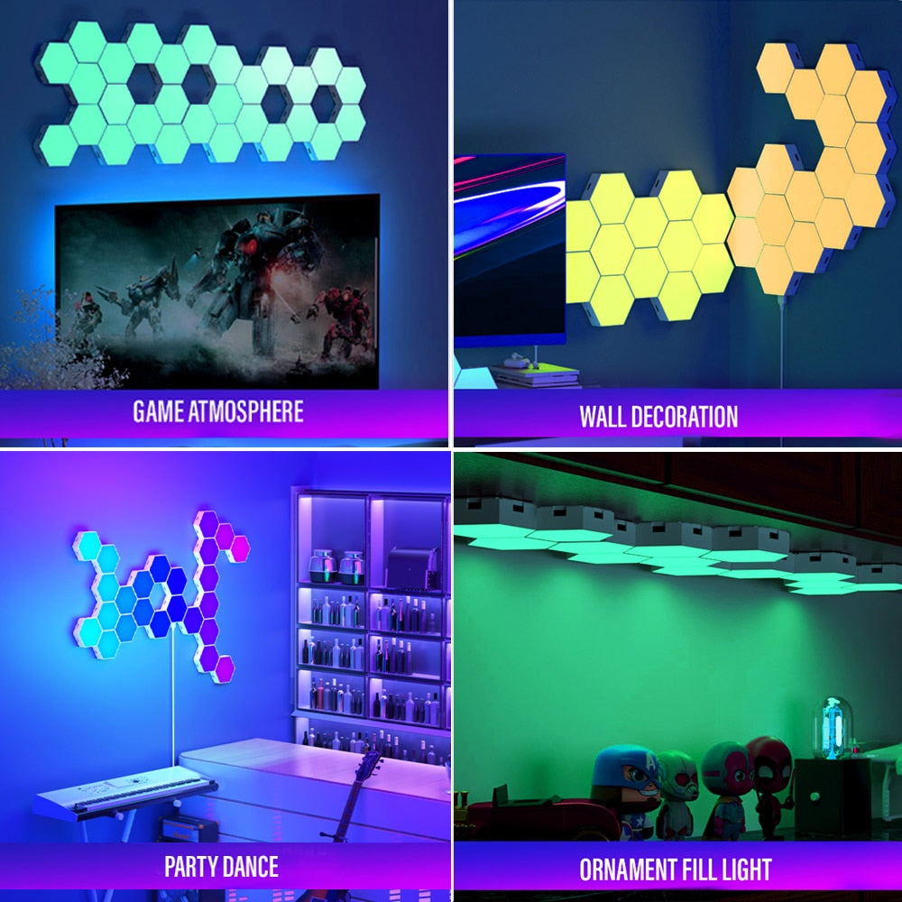 RGB hexagon LED lights arranged in blocks for room lighting and decor