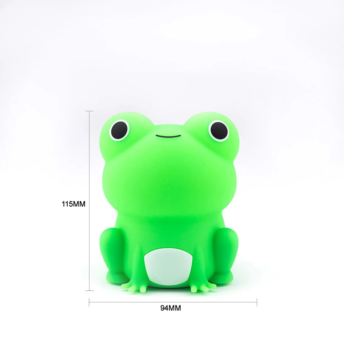 Green frog-shaped silicone night light, shown with product size diagram.