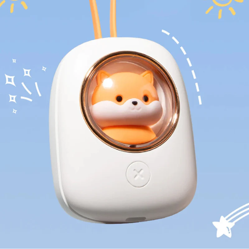 White neck fan with glowing Shiba Inu cartoon in round window