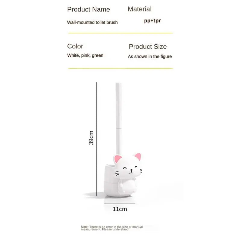 Cat wall toilet brush with pink handle and white cat holder; size diagram shown.