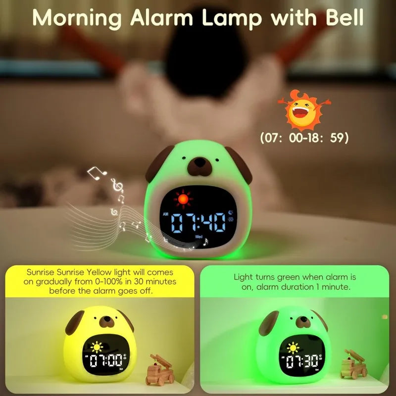 Green silicone puppy night light alarm clock with bell and glowing alarm display