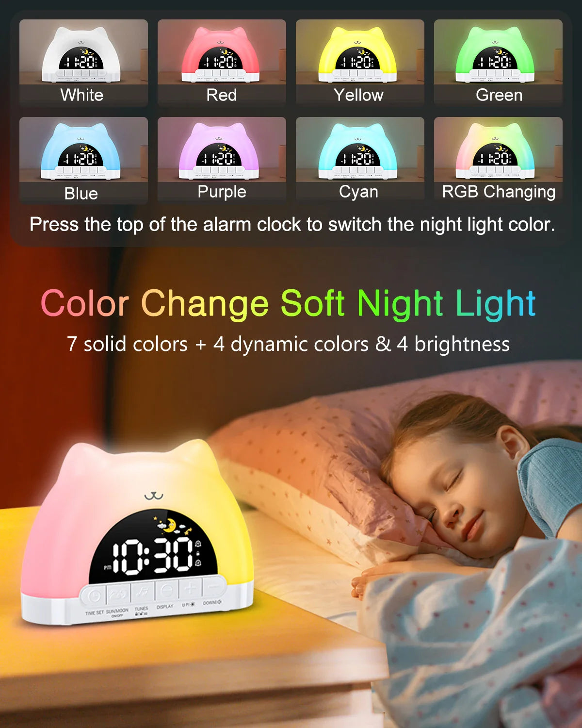 White cat-shaped night light alarm clock with selectable color glow options