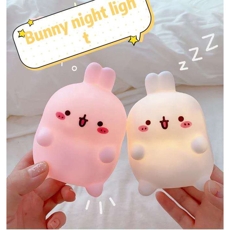 Happy Bunny night light pair, soft pink bunny lamps with smiling face markings