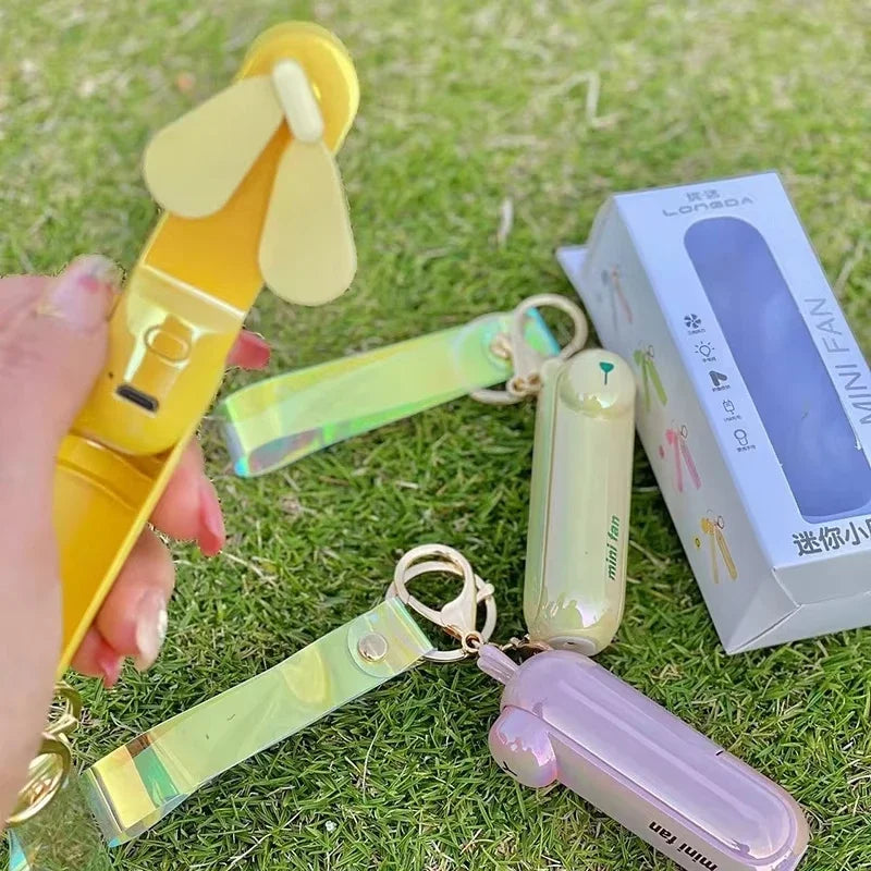 Handheld animal-shaped fan keychain, yellow and light purple with rainbow strap