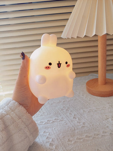 Happy Bunny night light on the floor, glowing bunny lamp with cute face