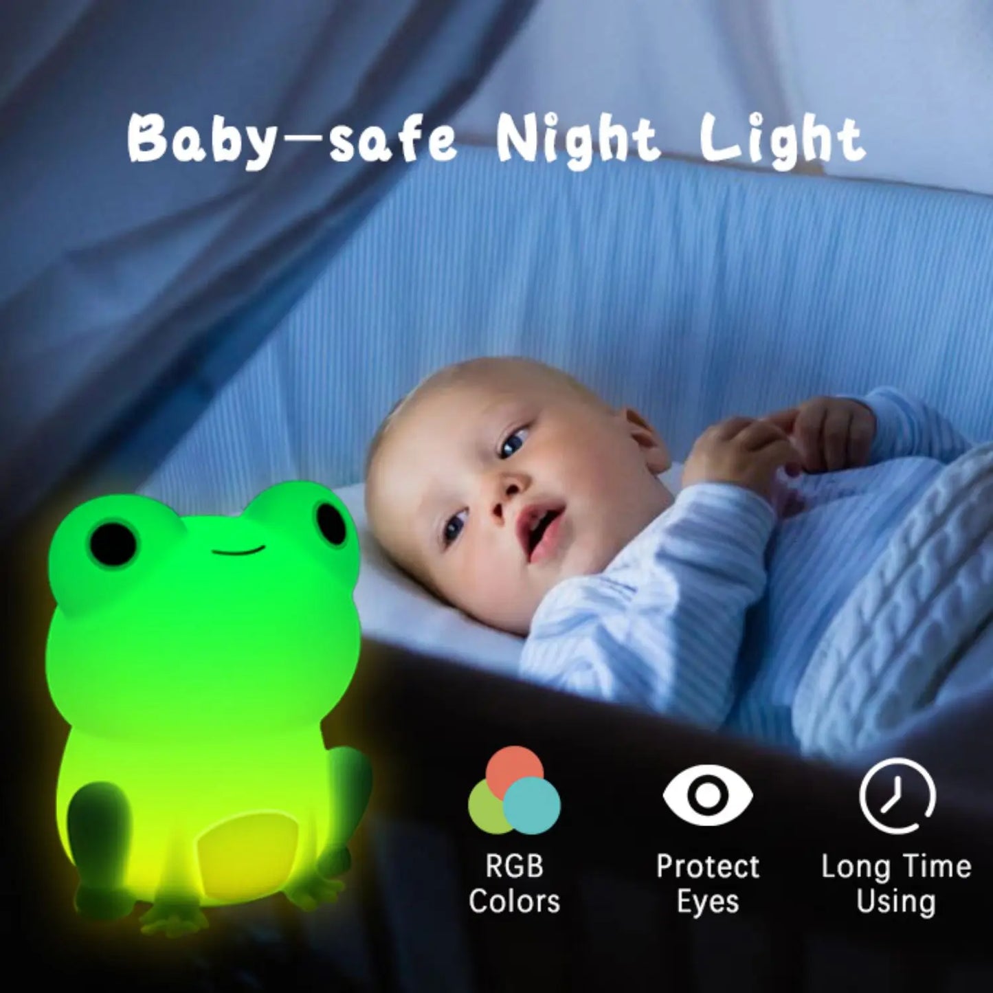 Green frog-shaped silicone night light glowing on a bed for baby bedtime.