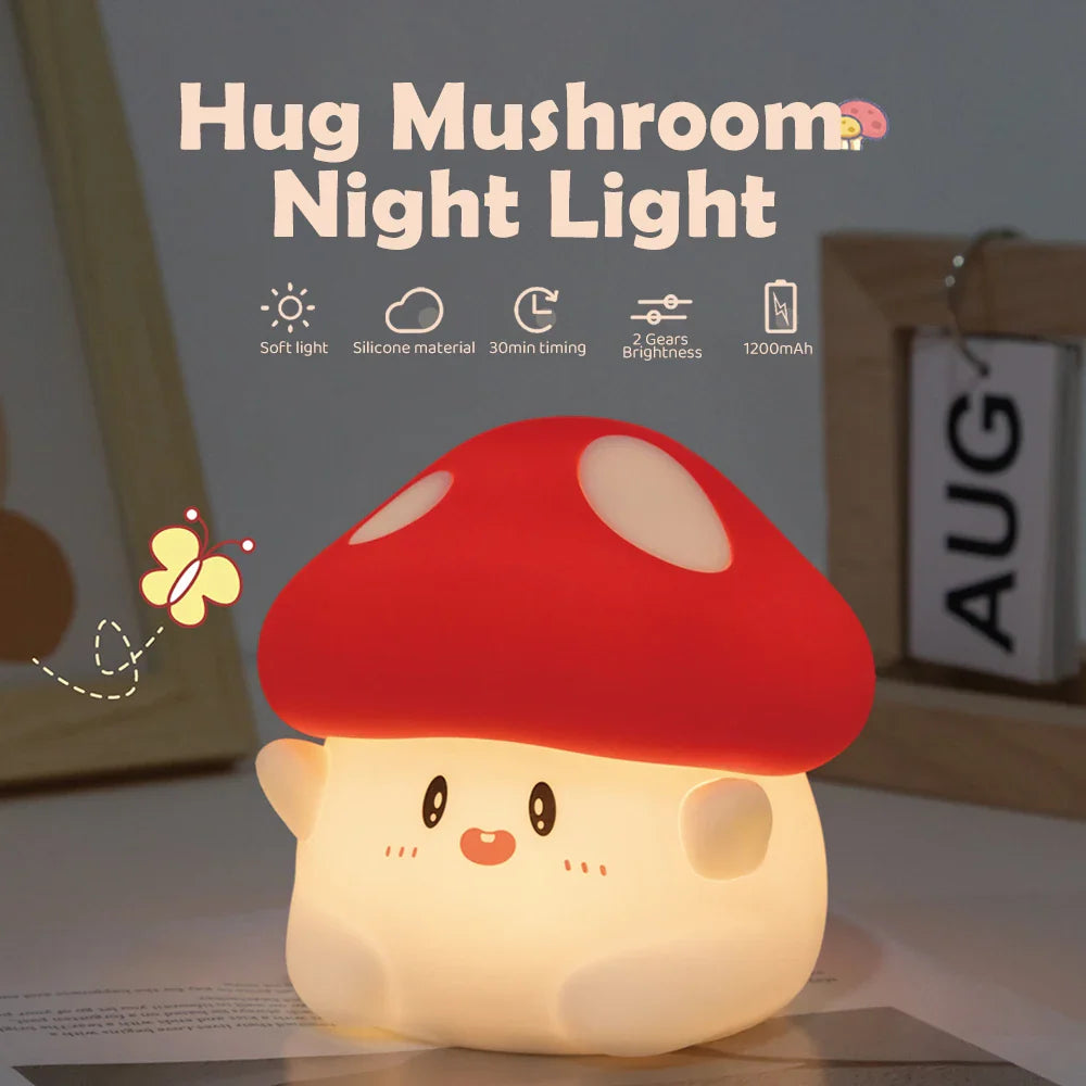 Glowing mushroom night light with red cap, cream body, and smiling face