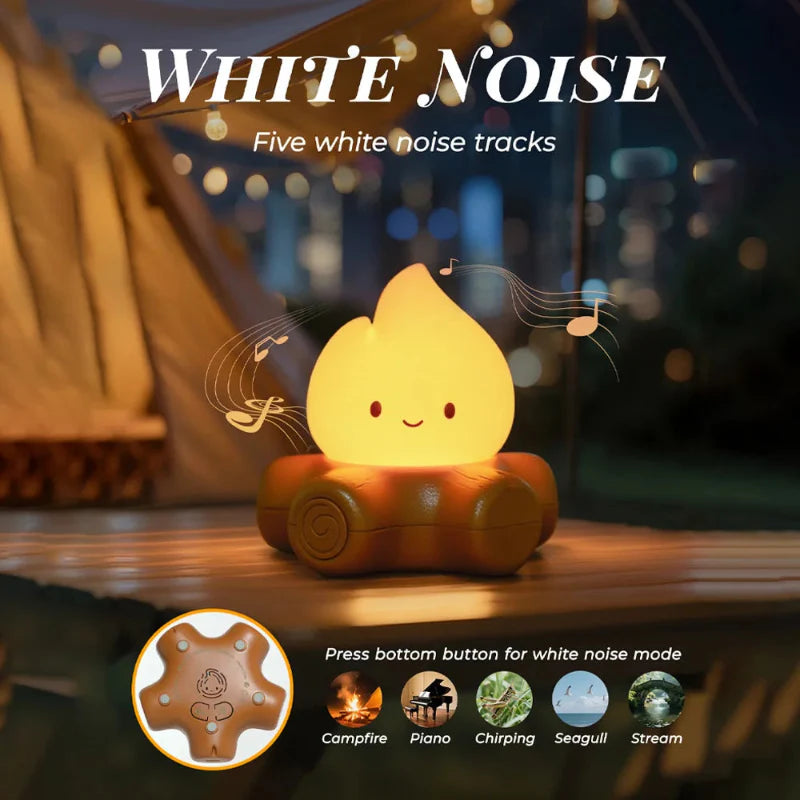 Glowing campfire night light with smiling flame on brown log, on tabletop