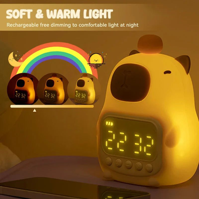 Capybara night light alarm clock with warm glow and bright digital time screen
