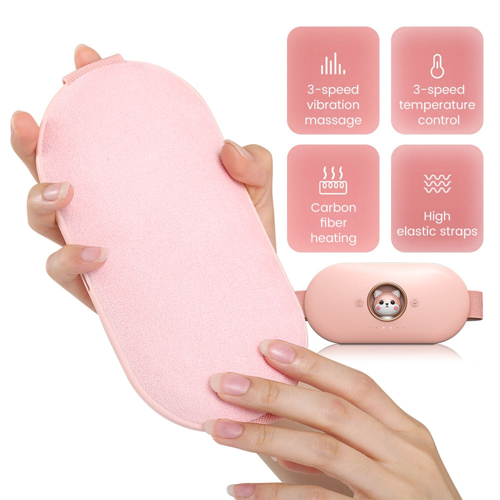 Pink plush heating belt with elastic straps and labeled 3-speed vibration/temperature modes