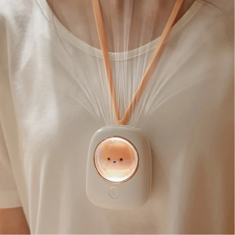 White neck fan with Shiba Inu cartoon face on round front display