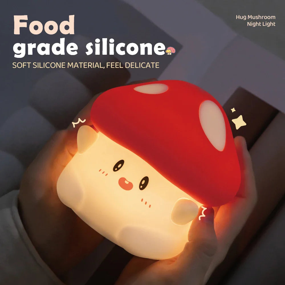 Mushroom night light glowing in hand, red cap and cream body with cute face