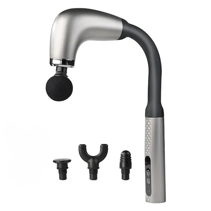 Electric fascia massage gun in silver with three attachment heads