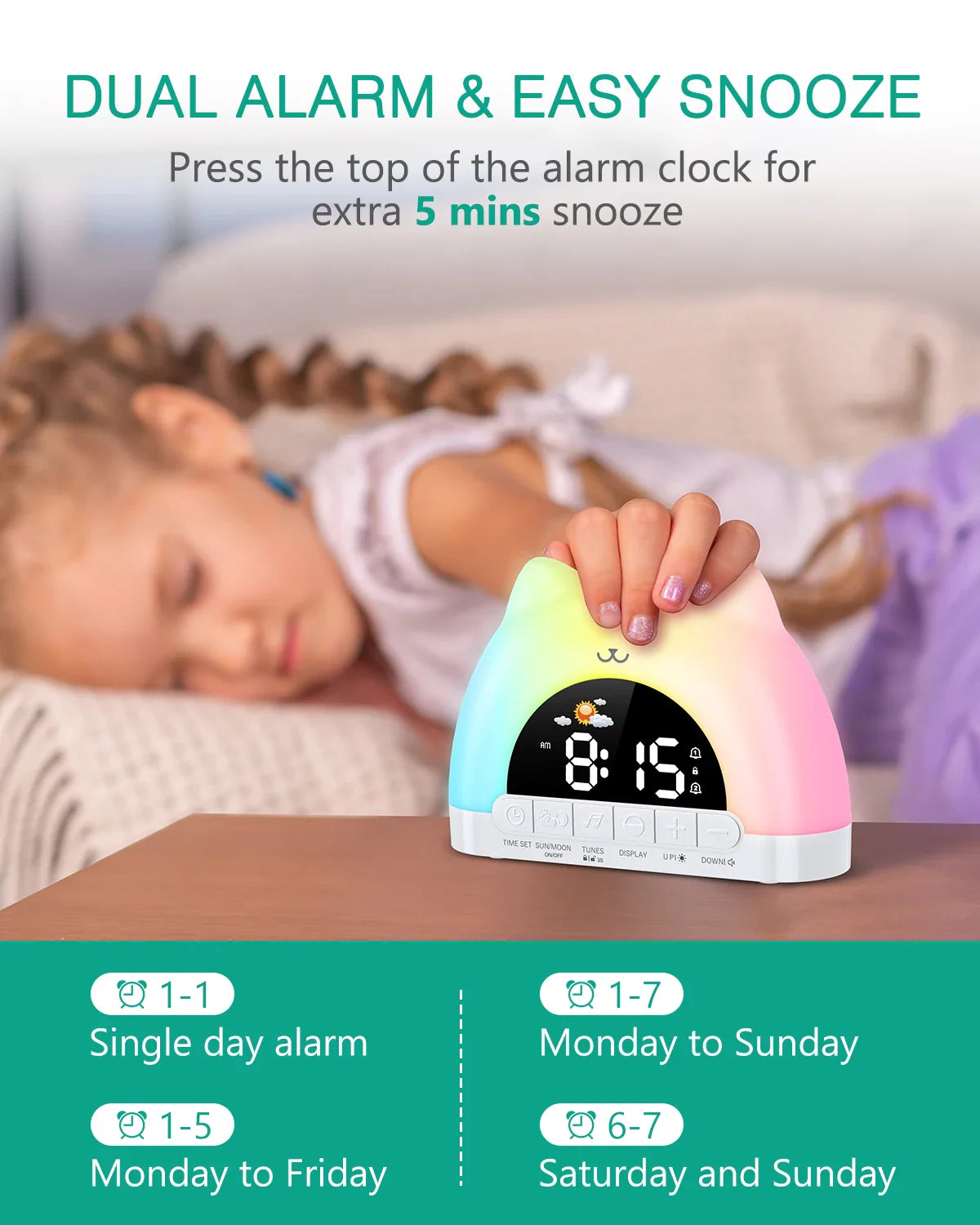 Dual alarm cat-shaped night light clock with rainbow top and 0:15 digits
