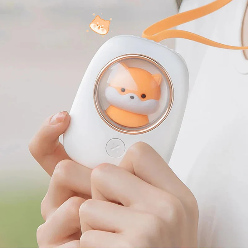 White neck fan with circular Shiba Inu cartoon display and orange strap