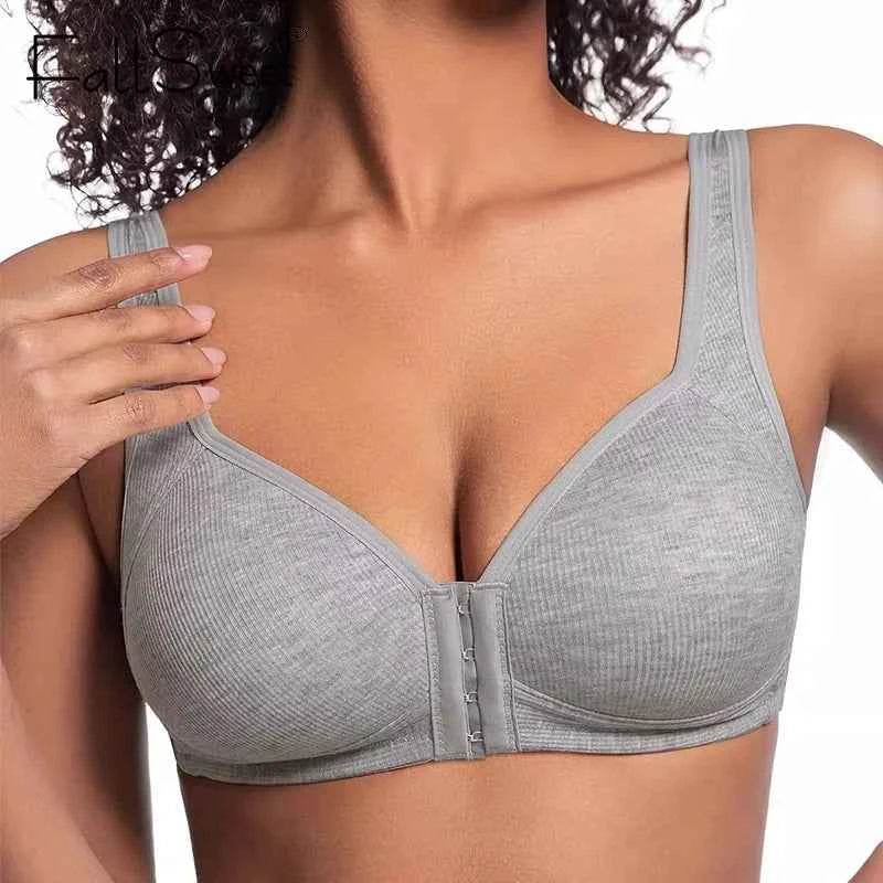 Seamless front-close bra in medium gray, with adjustable front closure and wide straps