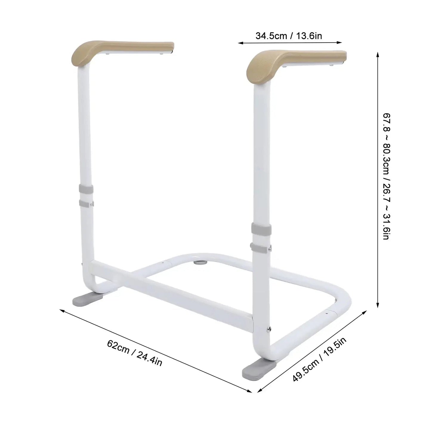 Standing aid with beige top grips and 6-step height adjustment collars on white frame