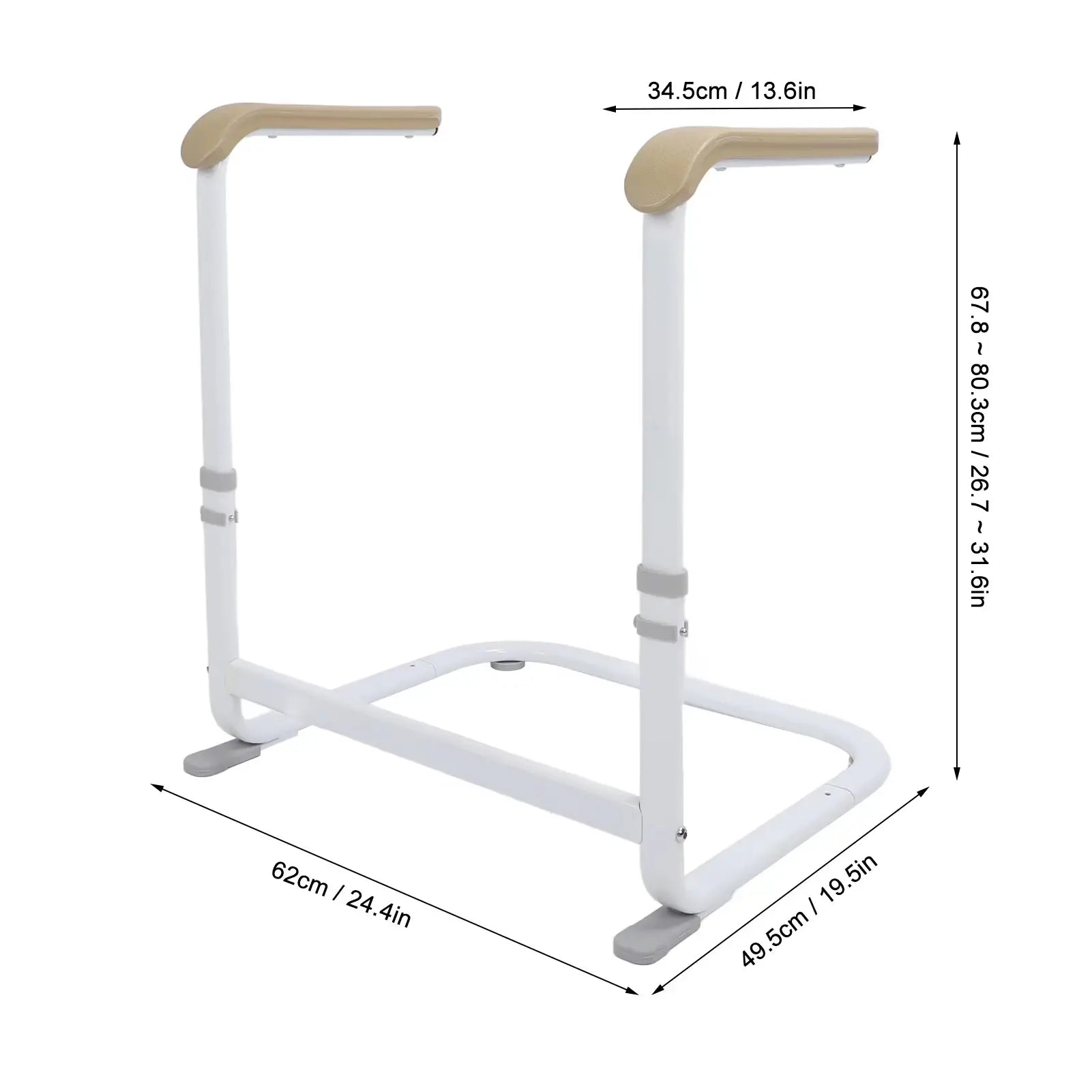 Standing aid with beige top grips and 6-step height adjustment collars on white frame