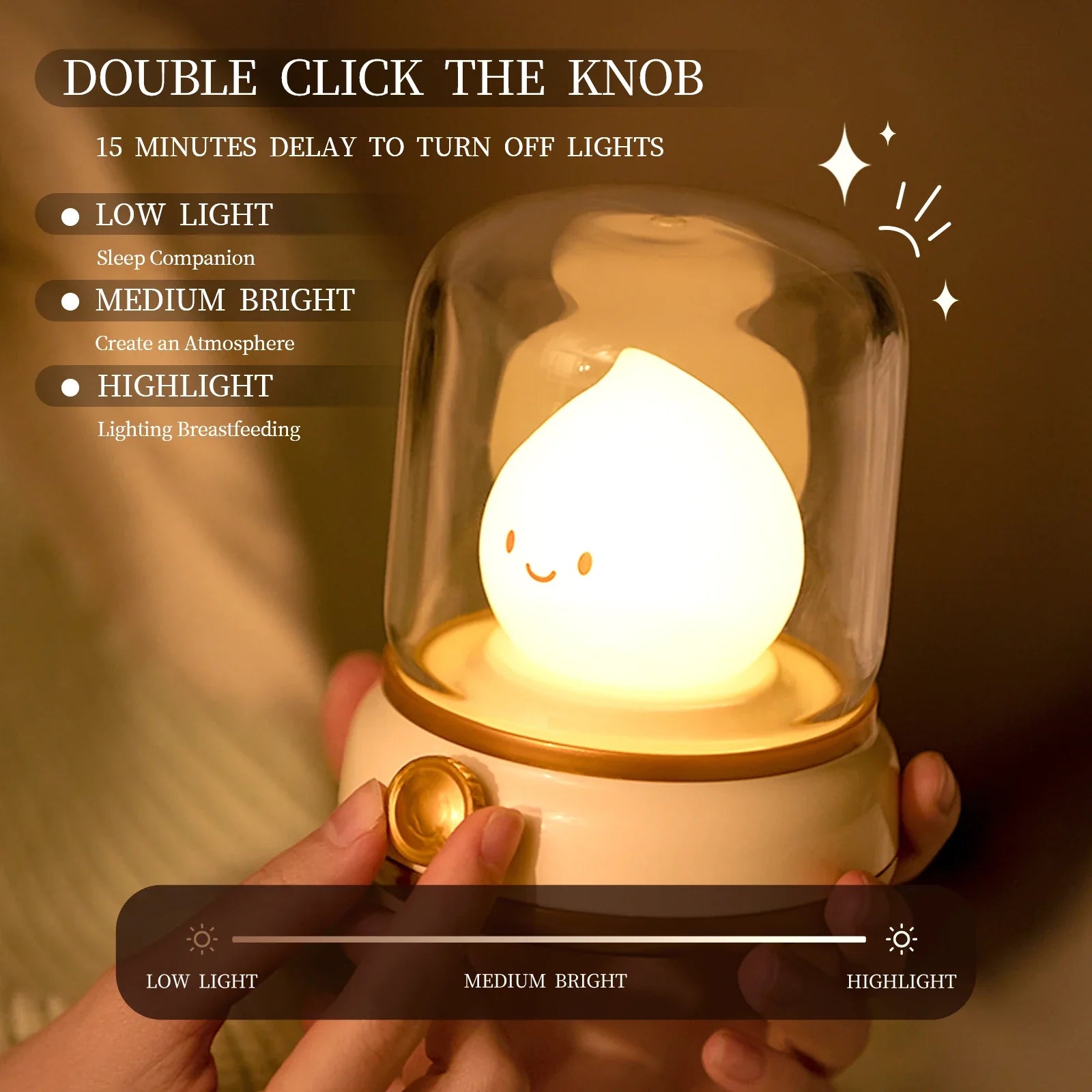 Green flame lantern night light in hand with clear dome showing warm glow and flame face.