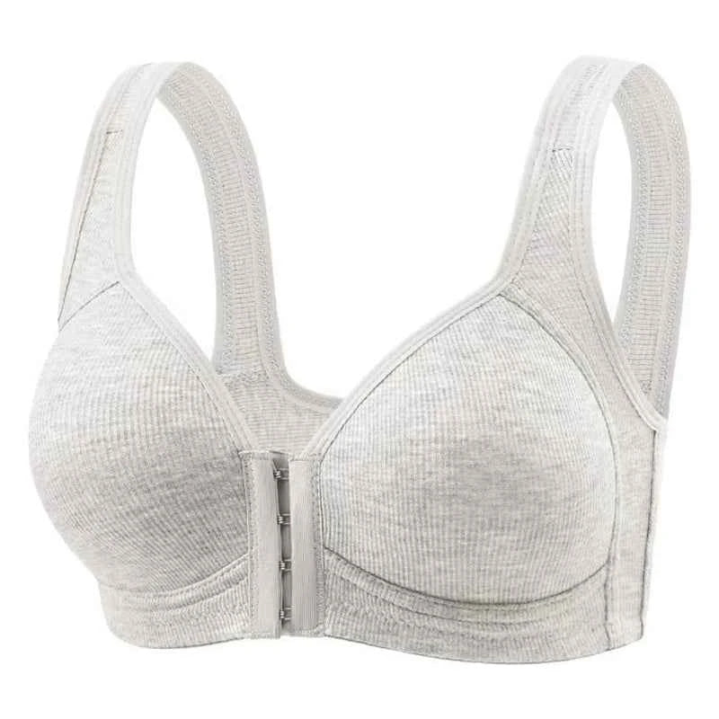 Light gray seamless front-close bra with hook-and-eye front closure and wide straps