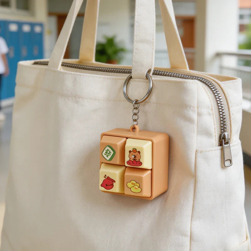 Animal fidget clicker keychain cube with bear and clover icons on metal ring.