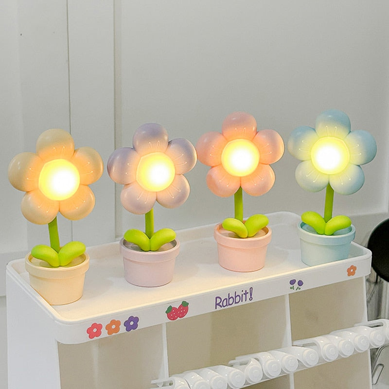 Pastel flower night lights with glowing petals in small potted bases, multi-color set