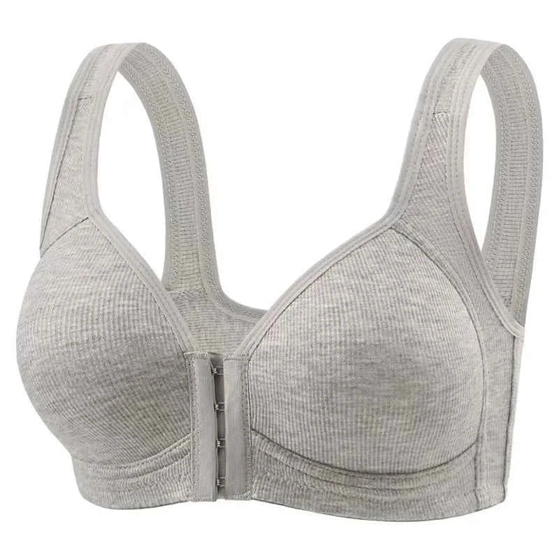 Seamless front-close bra in light gray, with padded cups and front button closure