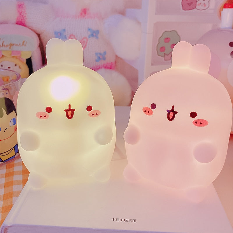 Happy Bunny night light, glowing bunny-shaped lamp with cute face graphics