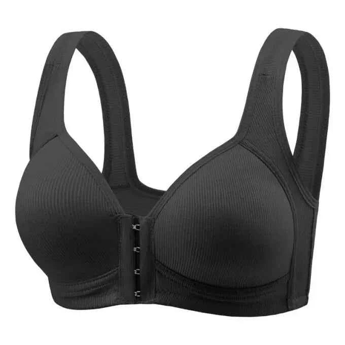 Black seamless front-close bra with hook-and-eye front closure and wide straps