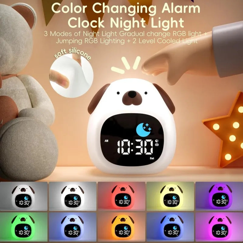 White silicone puppy night light alarm clock with colorful light and digital time