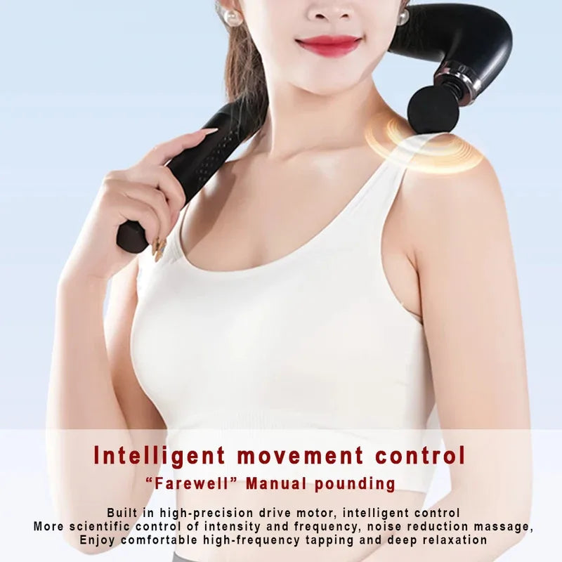 Electric fascia massage gun with round head on upper arm and shoulder