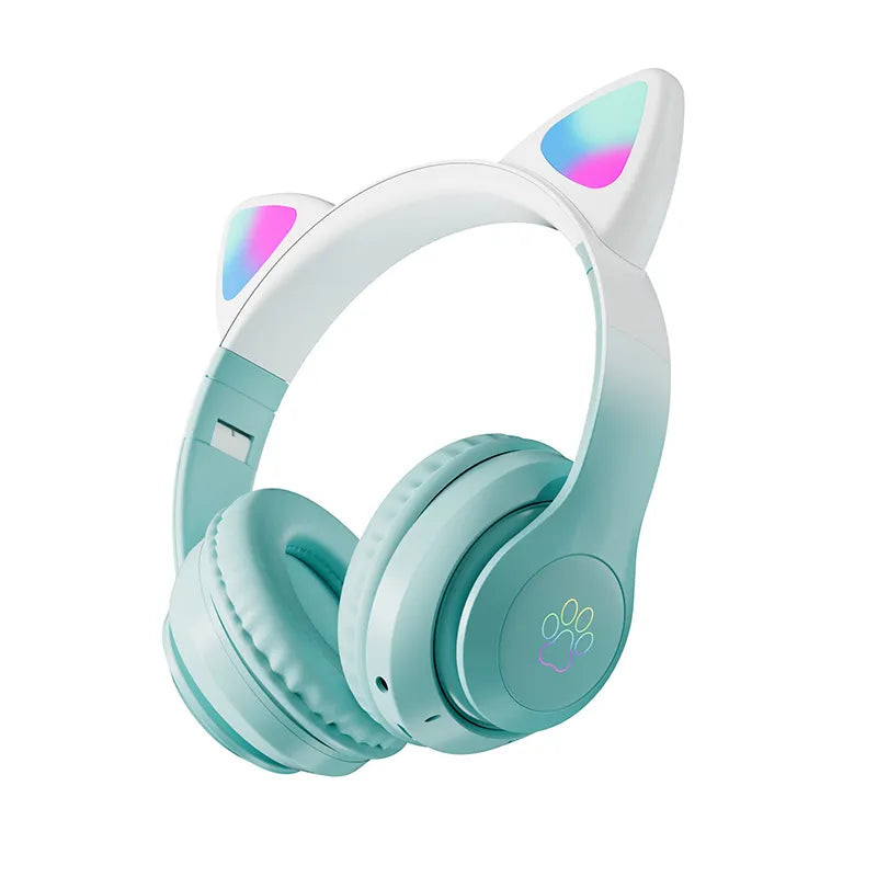 Teal cat-ear gaming headset with multicolor LED ear lights and soft padded ear cups