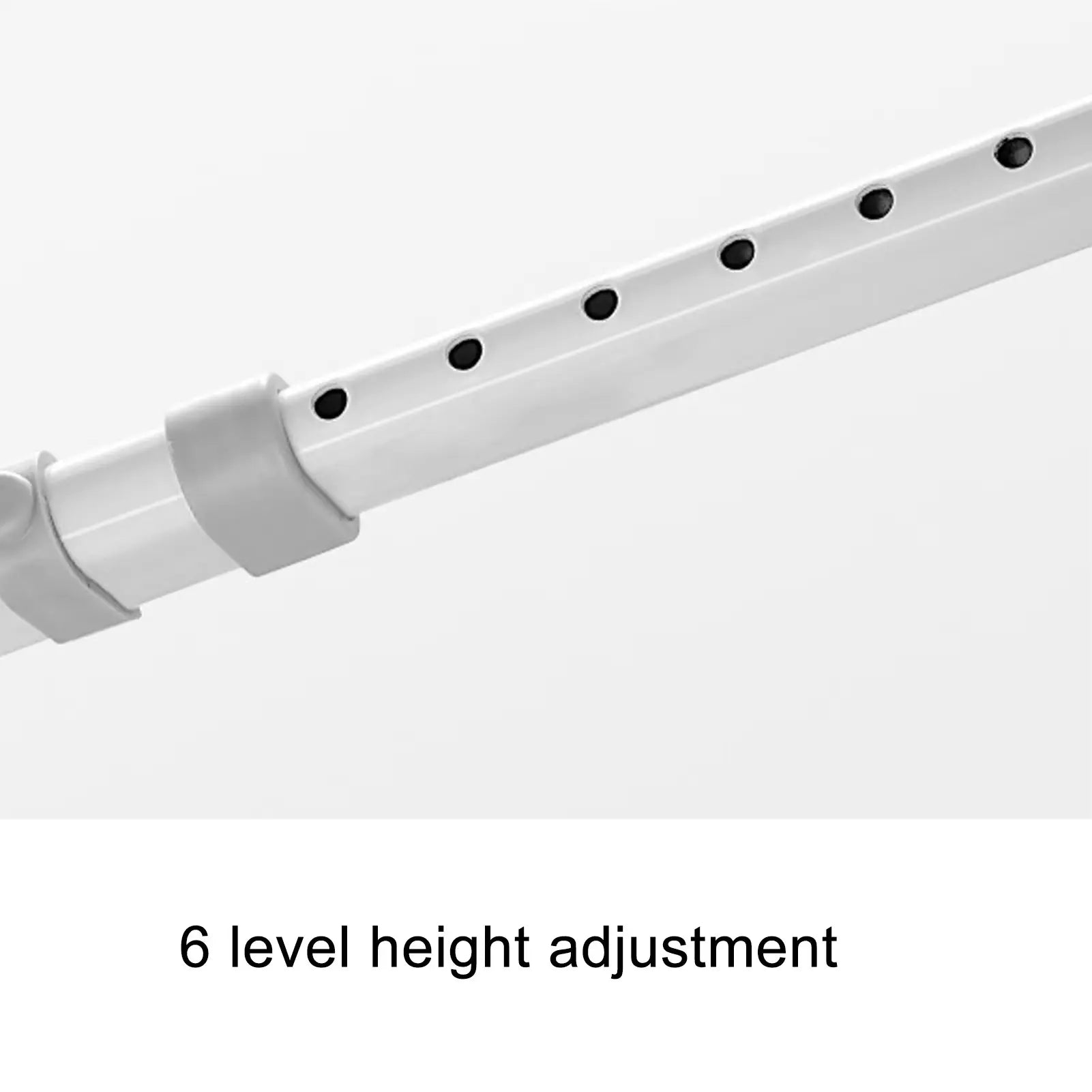 6-level height adjustment rail with evenly spaced holes on white metal frame