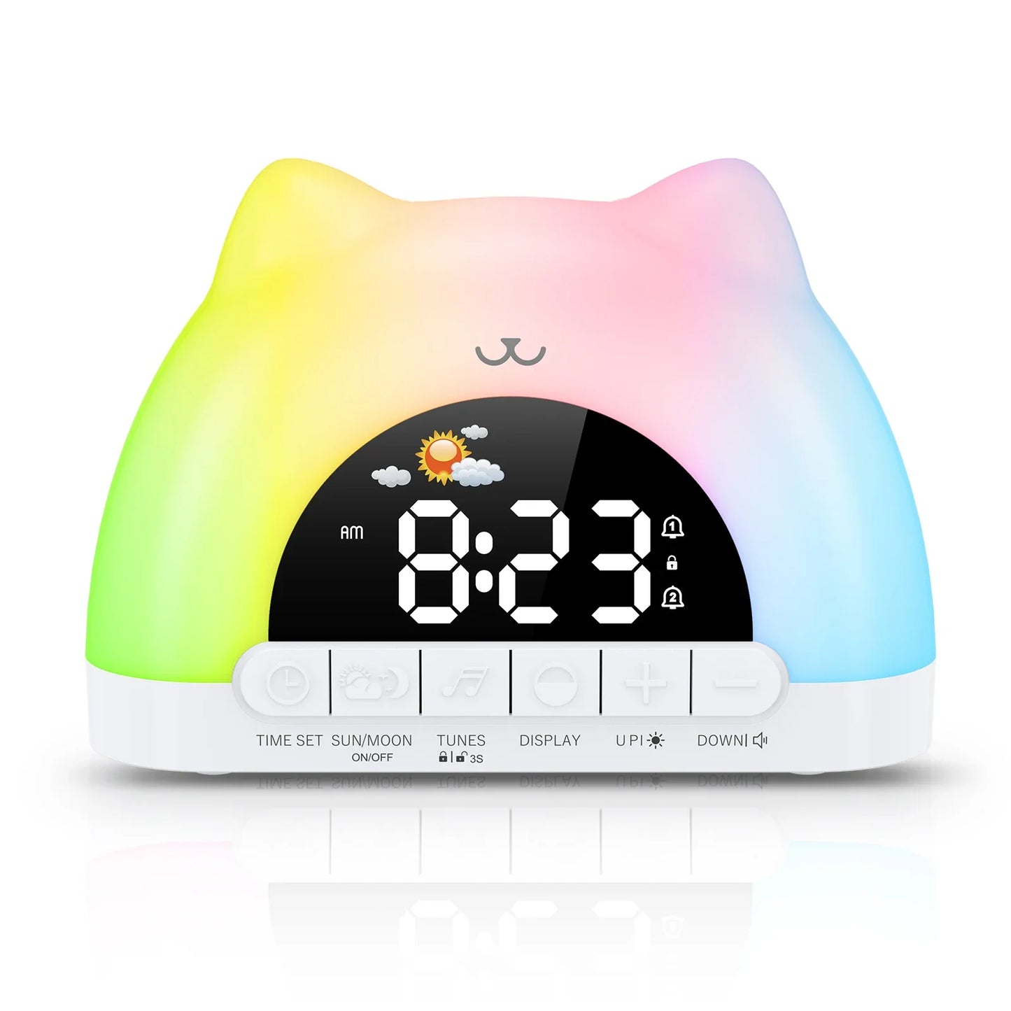 Rainbow cat-shaped alarm clock night light with digital AM/PM display