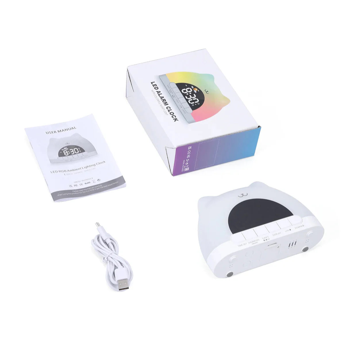 Cat-shaped alarm clock night light with accessories and product box