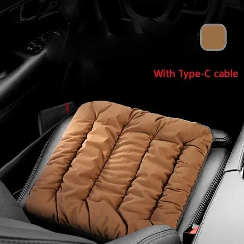 Brown heating pad cushion on a car seat with Type-C cable connection (Type-C shown).