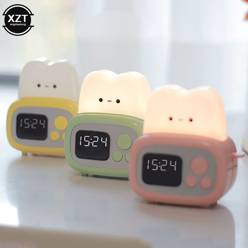 Set of cute toaster alarm clock night lights in green, yellow, white, and pink