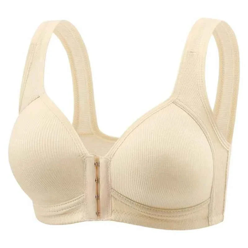 Beige seamless front-close bra with hook-and-eye front closure and wide straps