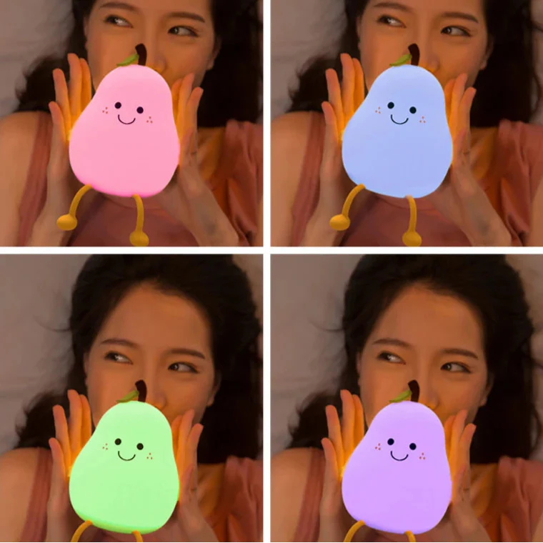 Glowing fruit character night lights in pink, blue, green, purple, and orange colors