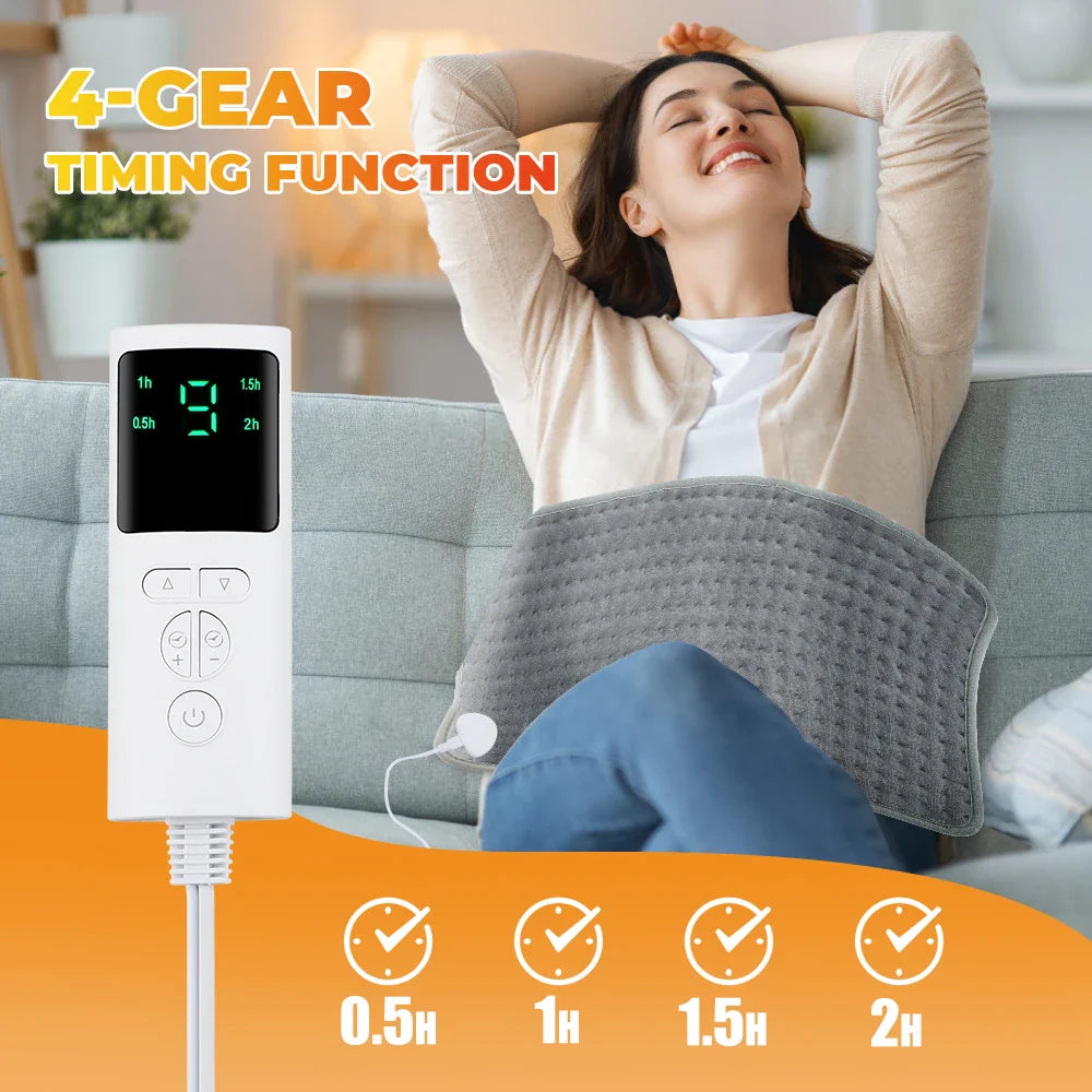 Folded gray heating blanket pad with wired controller showing timer setting