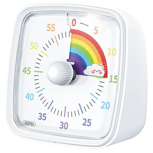 Colorful timer with rainbow and cloud design on a white background