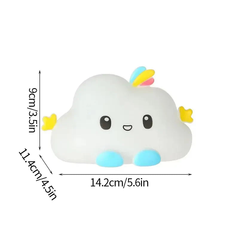 Cloud LED night light with smiling face; size shown as 14.2cm x 9cm