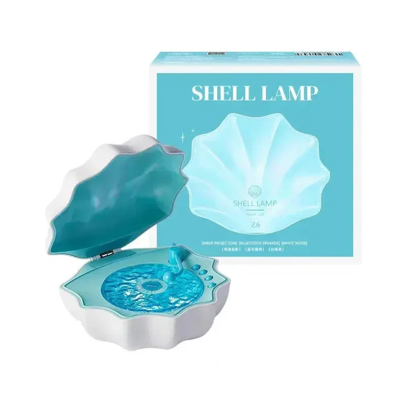Shell-shaped Bluetooth speaker night light, teal body with blue glowing light interior