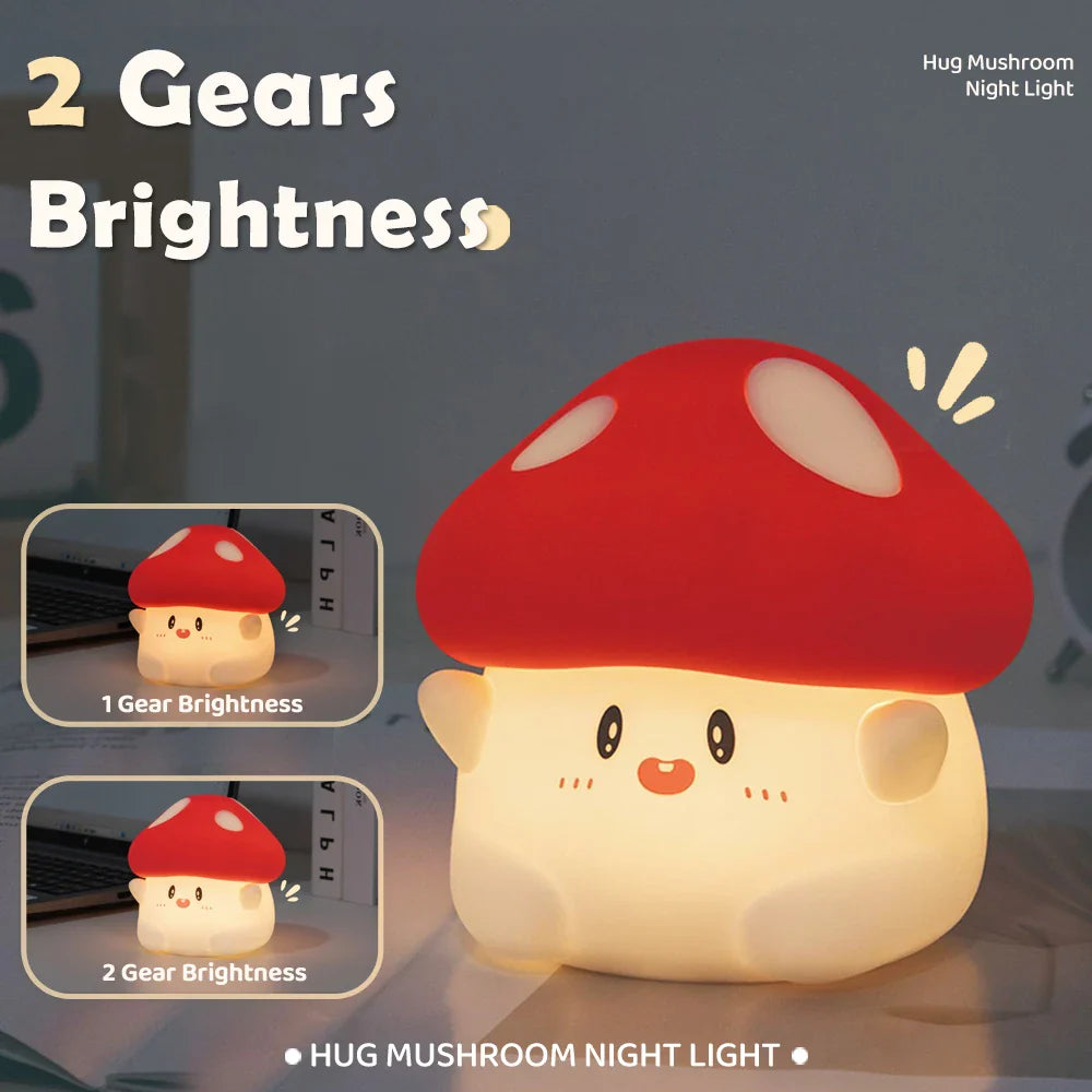 Mushroom night light with red cap and cream glow, cute eyes and orange nose