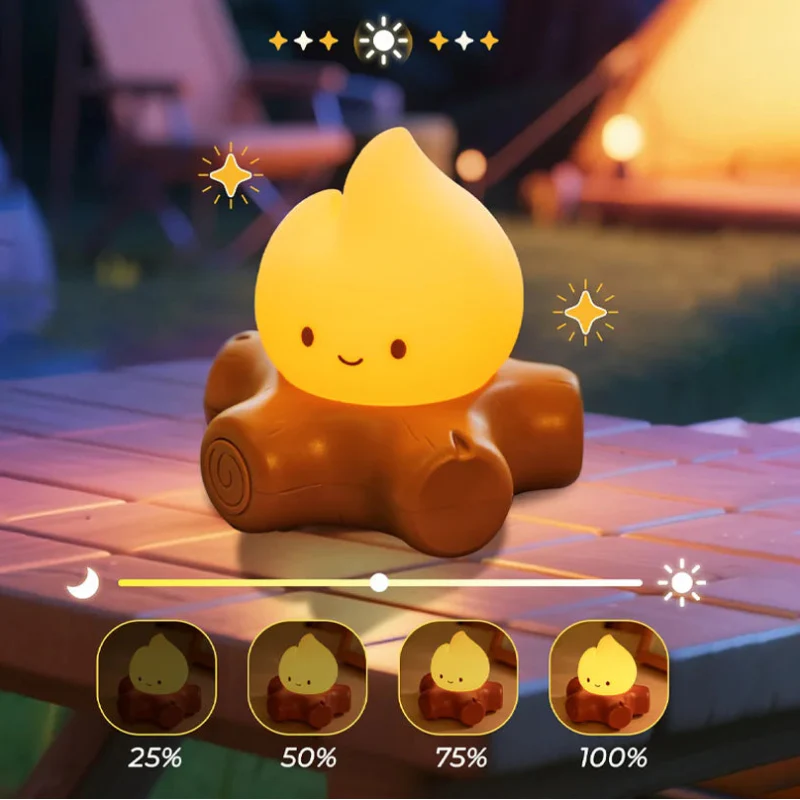 Lit campfire night light with smiling flame face on brown log, standing on floor