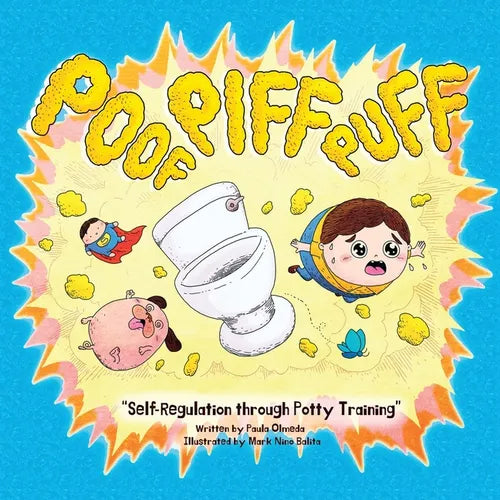 Children's potty training book cover with cartoon child, toilet, and yellow 'Poof Piff Paff' title